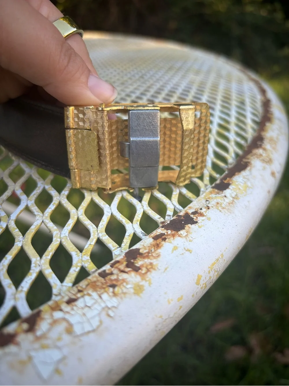 Vintage Leather Textured Brown Men's Belt with Gold Elephant Buckle with Ratchet